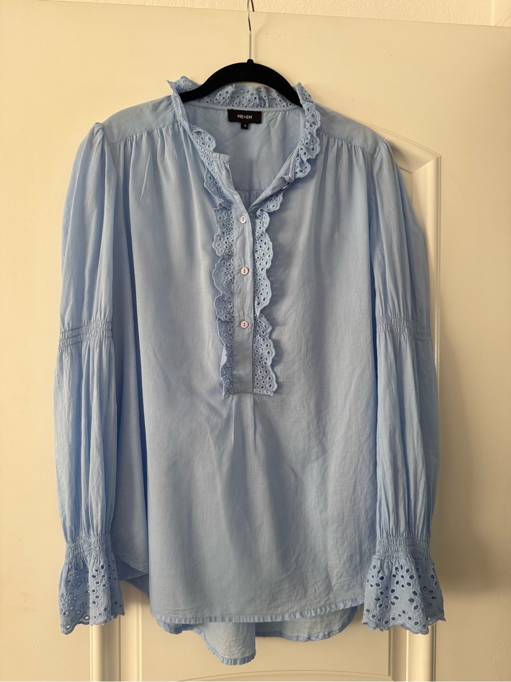 ME+EM Light Blue Eyelet Trim Long Sleeve Blouse Size 14 - Picture 2 of 10